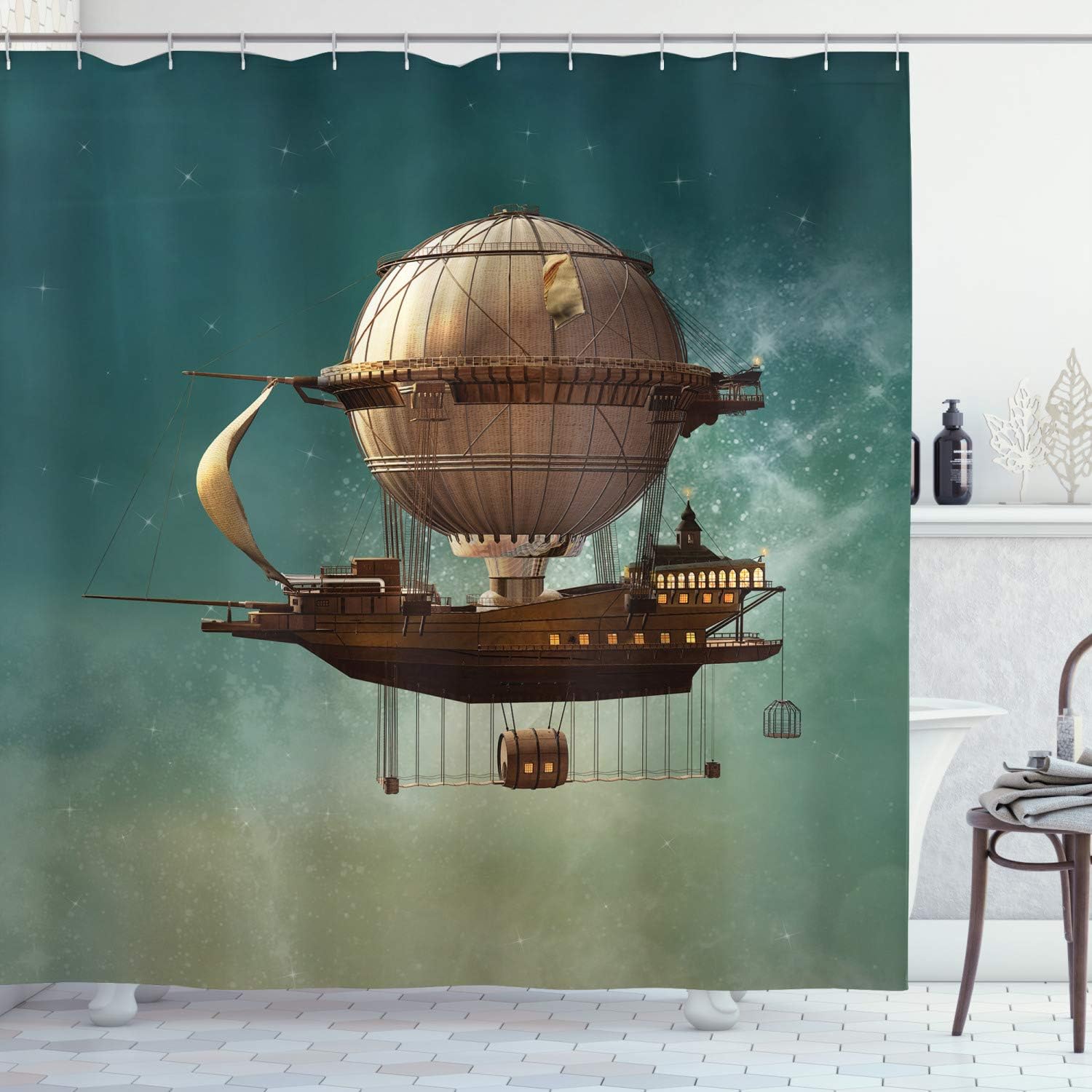 Ambesonne Fantasy Shower Curtain, Surreal Sky Scenery Steampunk Airship Sci Fi Stardust Space Image, Cloth Fabric Bathroom Decor Set with Hooks, 69" W x 75" L, Teal and Brown