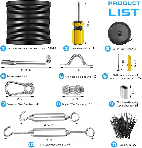 Miniatura 2 de NEREUS Kit de cadena de luces para colgar con cable de acero inoxidable 304 recubierto de vinilo de 250 pies, kit de suspensión de luces de cadena,