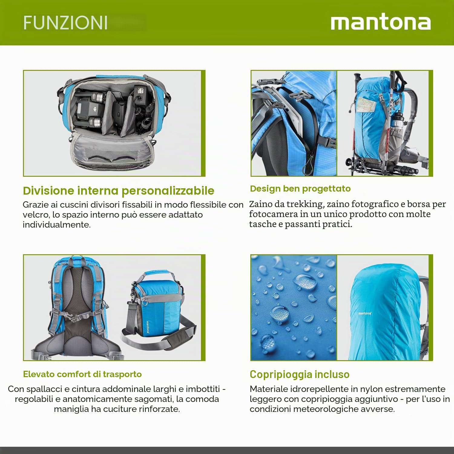 Mantona Elements Outdoor Zaino blu 2in1 per fotocamera e trekking, borsa fotografica con scomparti imbottiti per DSLR, drone, con supporto treppiede e copertura antipioggia