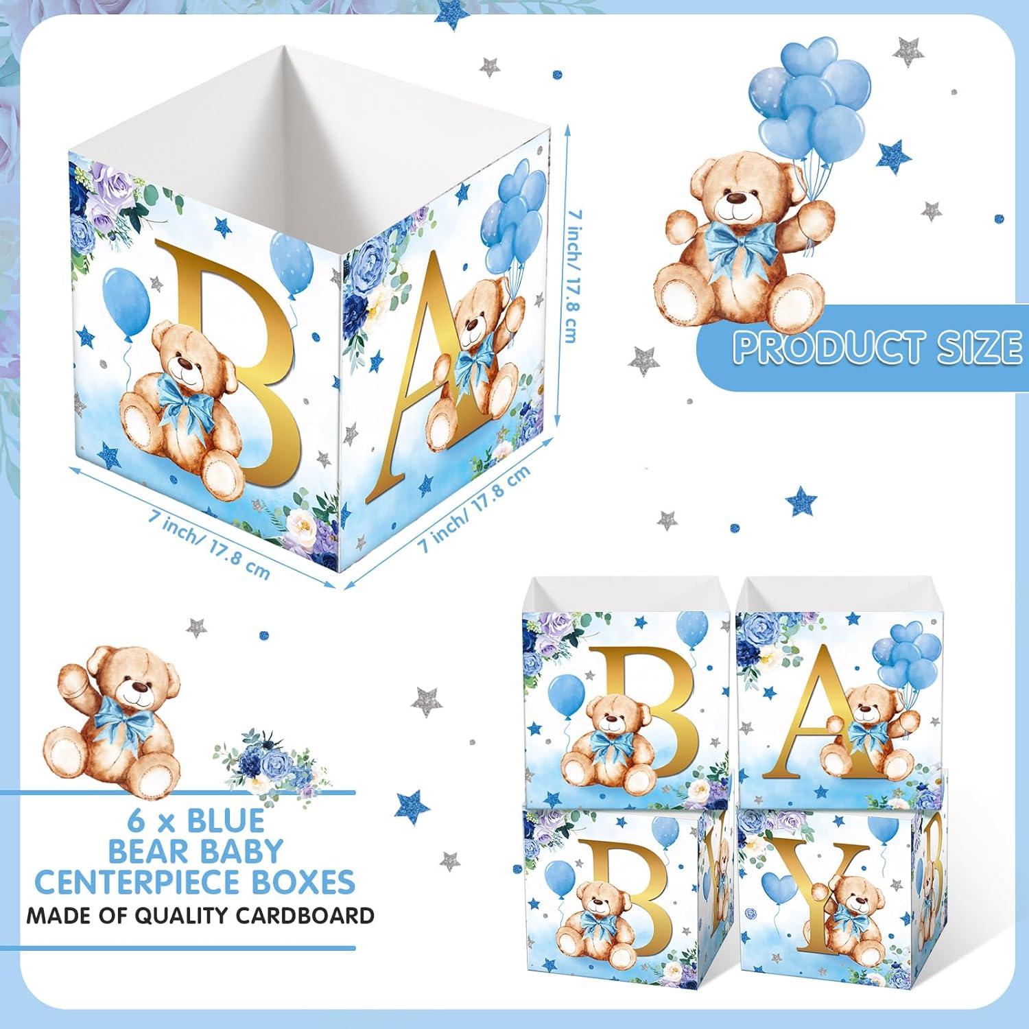 Tanlade 6 Pcs Blue Bear Baby Shower Flower Boxes Centerpieces Decorations Floral Baby Boxes with Letters Shower Box Block for Tables Boy Girl Gender Reveal Birthday Decor Without Flowers