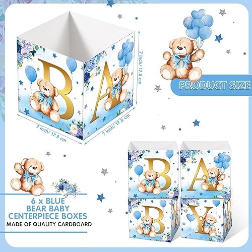 Miniatura 2 de Tanlade 6 cajas de flores de oso azul para baby shower, centros de mesa, decoraciones florales para bebés con letras caja de ducha bloque para mesas