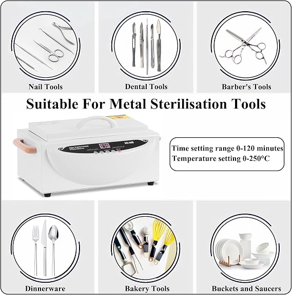 High Temperature Metal Tool Sterilizer Cleaning Box, 500W Dry Heat Disinfector, 250℃ Nail Tool Steriliser,2.2L with Timer for SPA Salon Sundry Beauty Hair Nail Metal Tools