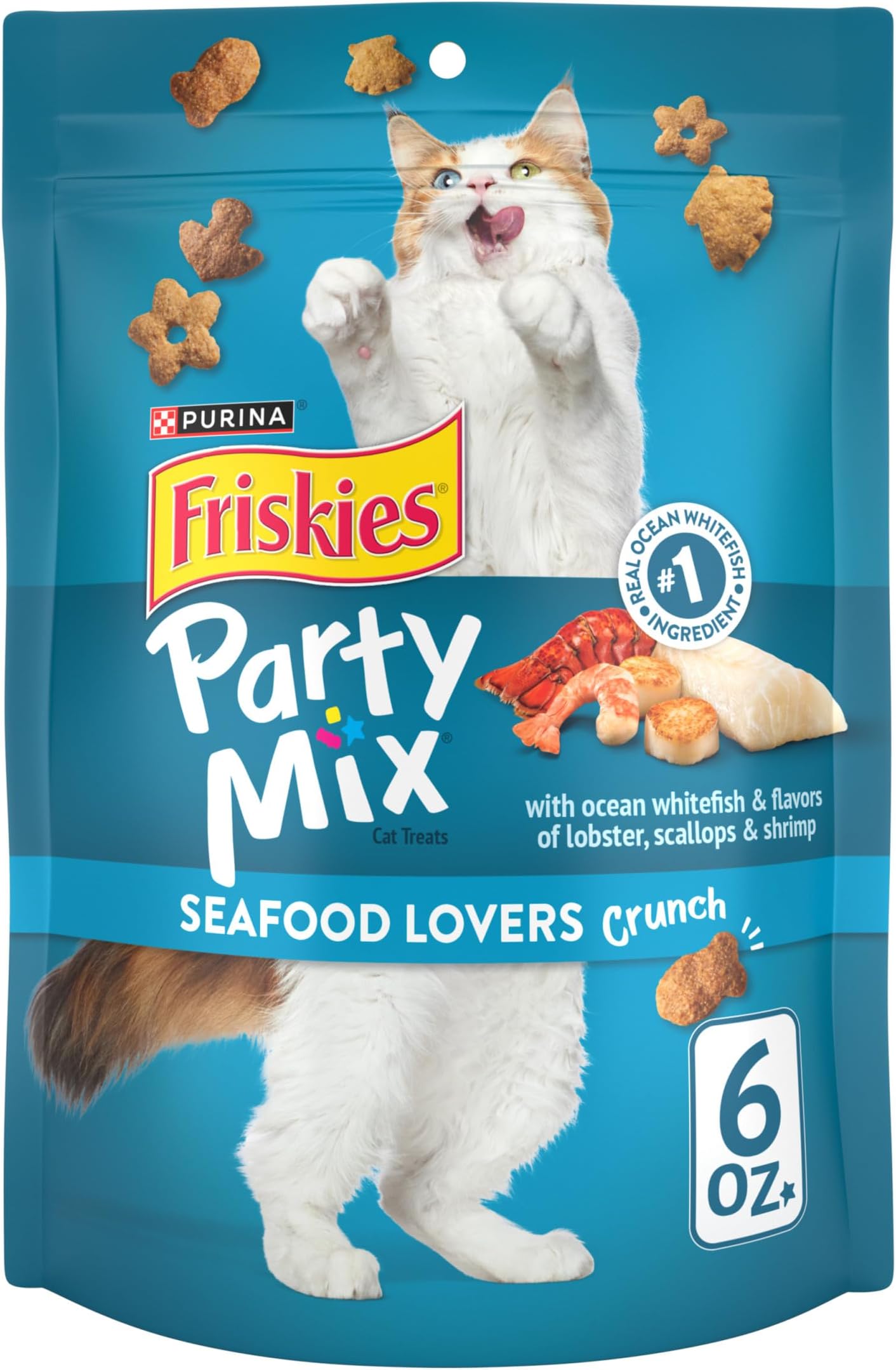 Purina Friskies Made in USA Facilities Cat Treats, Party Mix Seafood Lovers Crunch - (6) 6 oz. Pouches
