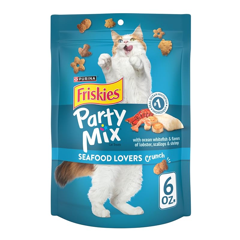 Petisco crocante para gatos adultos Friskies Party Mix Seafood Lovers com peixe branco e sabores de frutos do mar — Pacote com 6 de 170 g