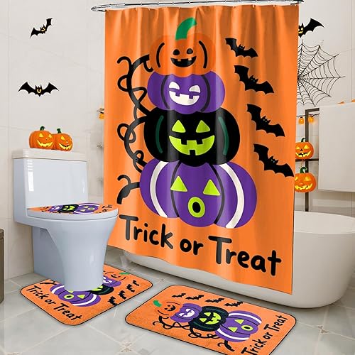 Miniatura 7 de Juego de 4 cortinas de ducha de Halloween, juego de baño de Halloween con cortina de ducha y alfombras, cubierta de tapa de inodoro, cortina de