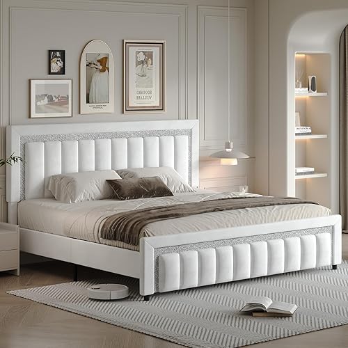 Miniatura 7 de HOMBCK Base de cama tamaño King con cabecera de terciopelo de diamante, base de cama tapizada tamaño King con soporte de listones de madera, no