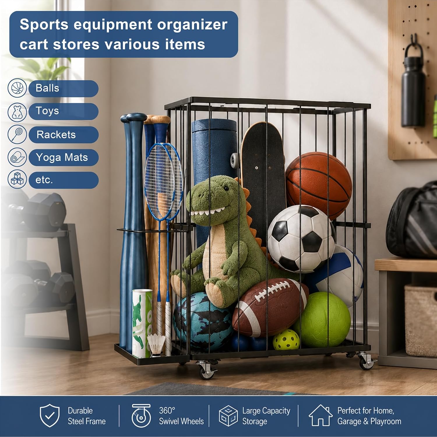 Garage Ball Storage Rack with Wheels and Elastic Rope, Sports Ball Holder for Basketball, Soccer, Volleyball, Football, Sports Equipment Organizer for Playroom, Home Gym, Indoor Outdoor Use