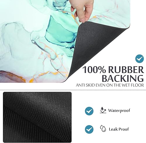 Miniatura 6 de EMMTEEY Juego de 3 alfombras de baño de color turquesa, verde azulado Mabrle, cómodas alfombras de baño, súper absorbentes, ultrafinas, de perfil