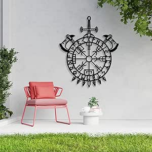 NORTH KAISER Arte De Pared De Metal, Decoración De Pared De Vikingos Wayfinders, Extraordinaria Escultura De Vegvisir, Colgante De Pared Con Símbolo Vikingo, Círculo De Runas Con Mjölnir - Letrero