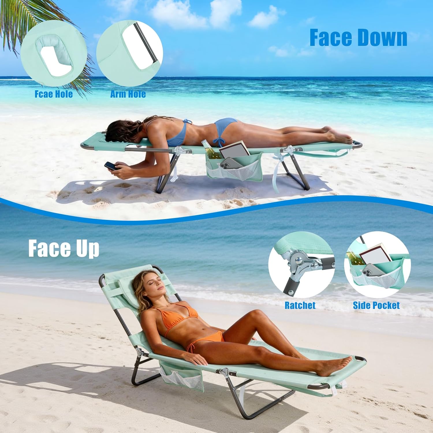 SUNNYFEEL Beach Lounge Chair, Backpack Reclining Beach Chairs Lay Flat, Sun Face Down Tanning Chair, Folding Camping Chairs Portable Camp Cot with Backpack Straps for Outdoor/Picnic/Lawn 2 pcs