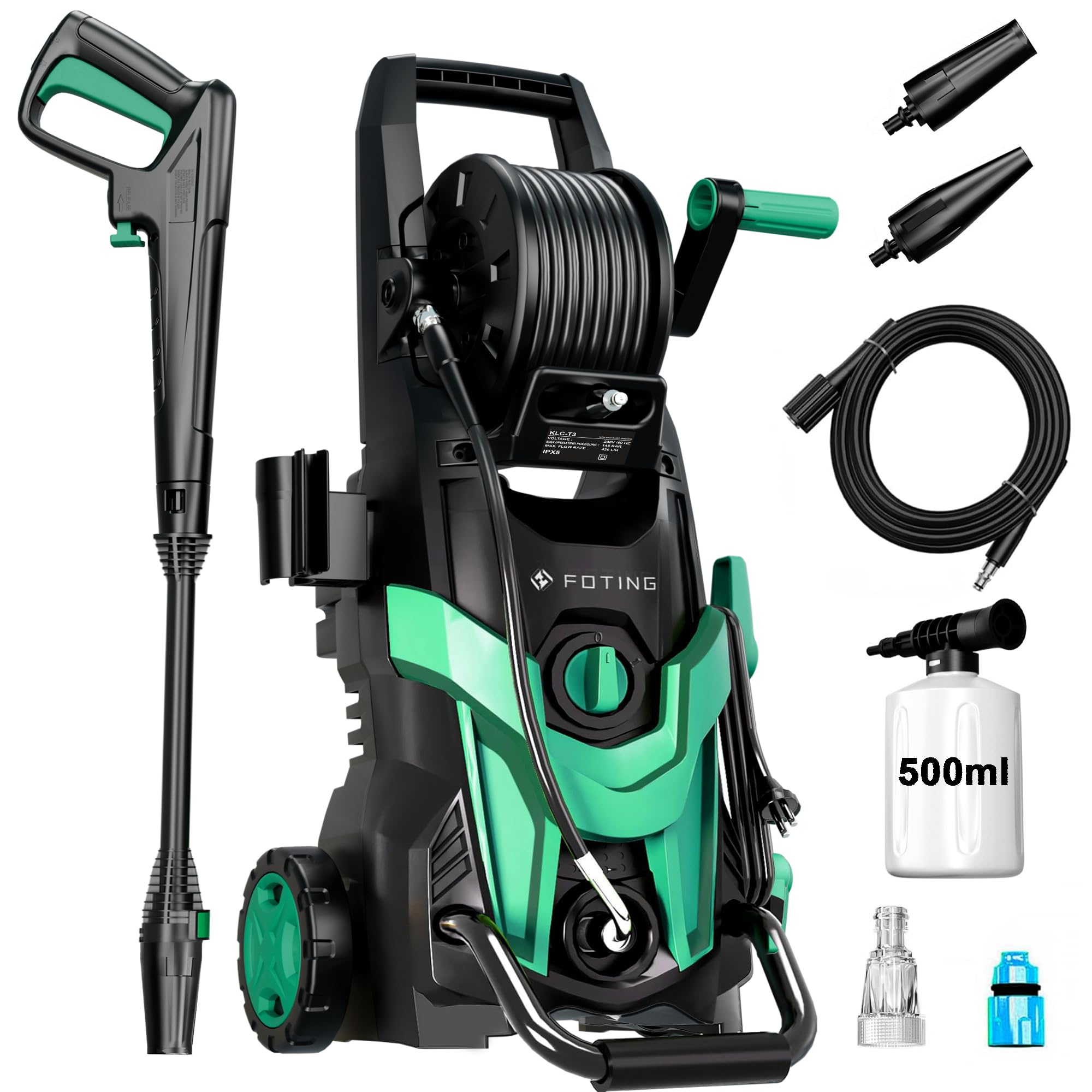 Hidrolimpiadora de Alta Presión 180 Bar, Caudal 420 l/h, Boquilla 6-in-1, 50 m²/h, con Lanza, Manguera y Depósito de Espuma 500 ml, para Coche, Jardín y Hogar