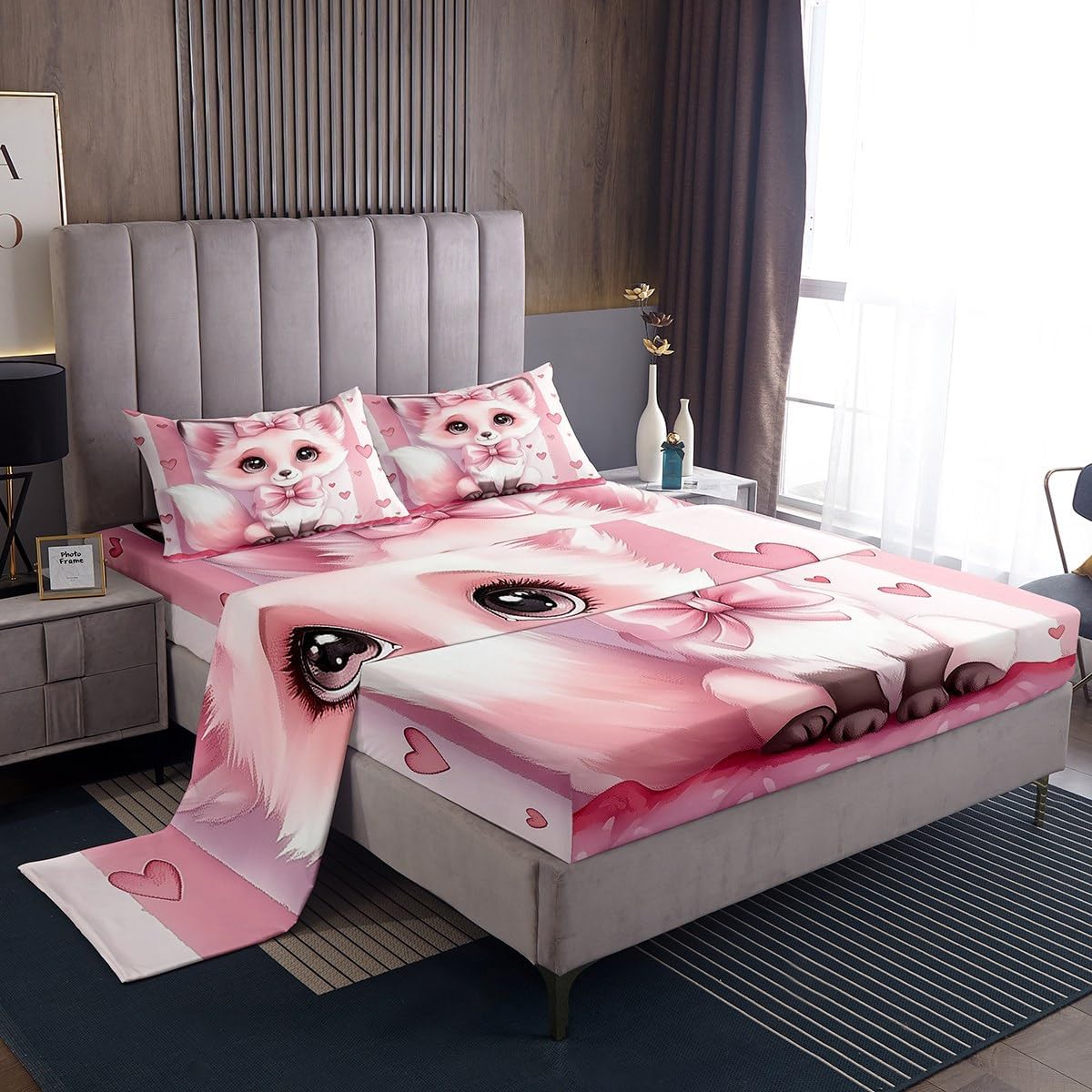 Cartoon Fox Fitted Sheet Set Full Size 4 Pcs,Cute Animal Teens Sheets,Pink Bowknot Geometric Stripes Bedding Sets (1 Fitted,1 Flat,2 Pillowcases) Luxury Deep Pocket Bed Sheets