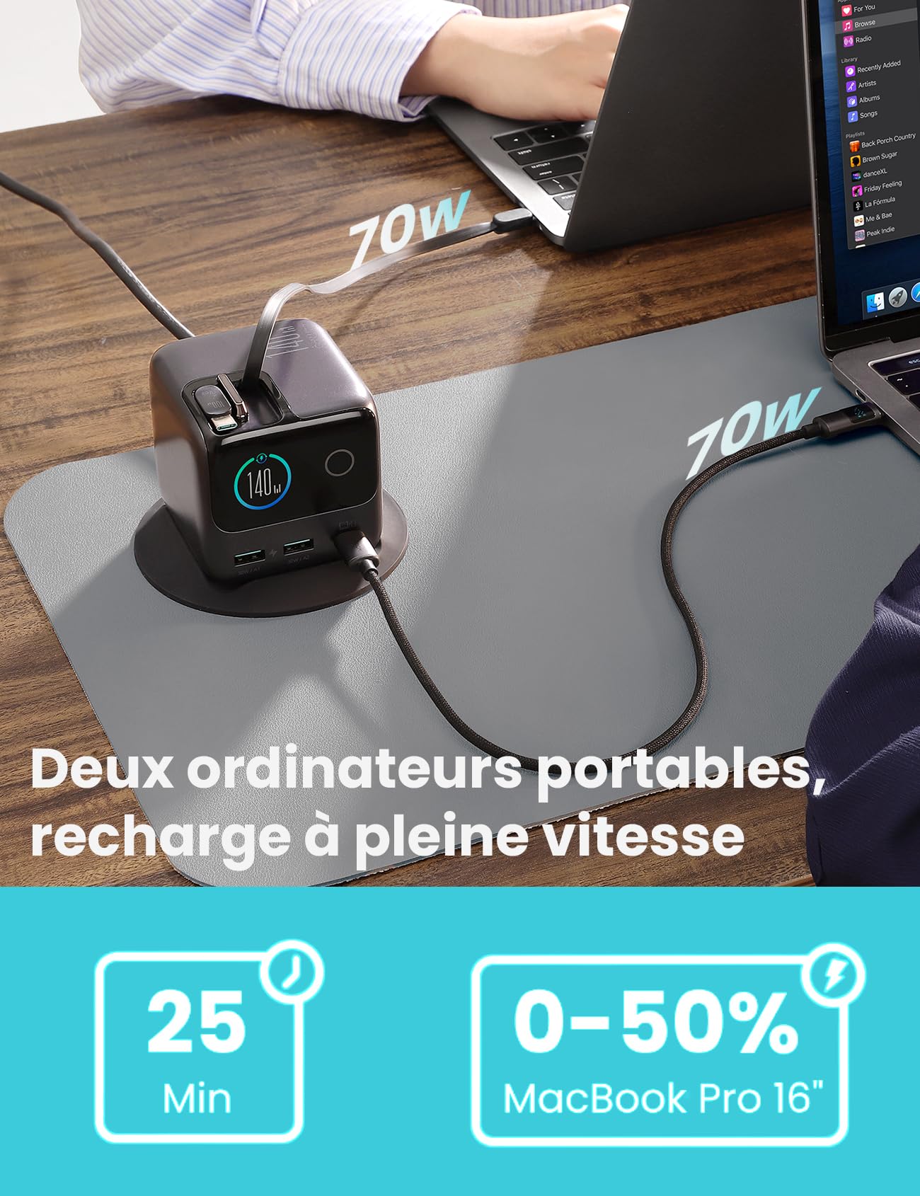 JOYROOM PODIX 5‑in‑1 Station de Recharge 140W GaN, Double Câble Rétractable 100W, Écran Intelligent 1,54", Design Rotatif 180°, Compatibilité Universelle MacBook iPhone Samsung Huawei, Bureau & Maison