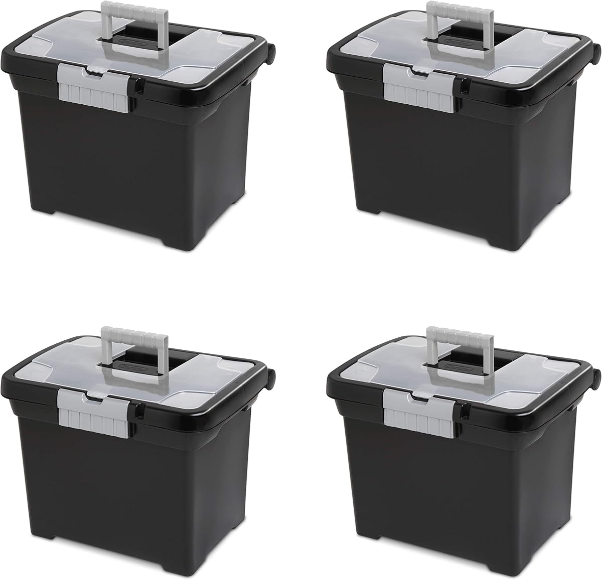 Portable File Box, Letter File Storage Bin with Handle, 4 Pack | Heavy-Duty and Stackable Plastic Containers with Latches for Closet, Cabinet, Bedroom, Bathroom and Dorm Room Organization