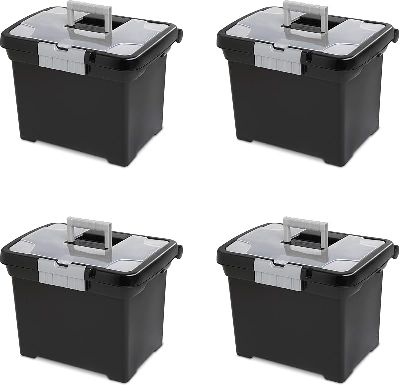 Portable File Box, Letter File Storage Bin with Handle, 4 Pack | Heavy-Duty and Stackable Plastic Containers with Latches for Closet, Cabinet, Bedroom, Bathroom and Dorm Room Organization