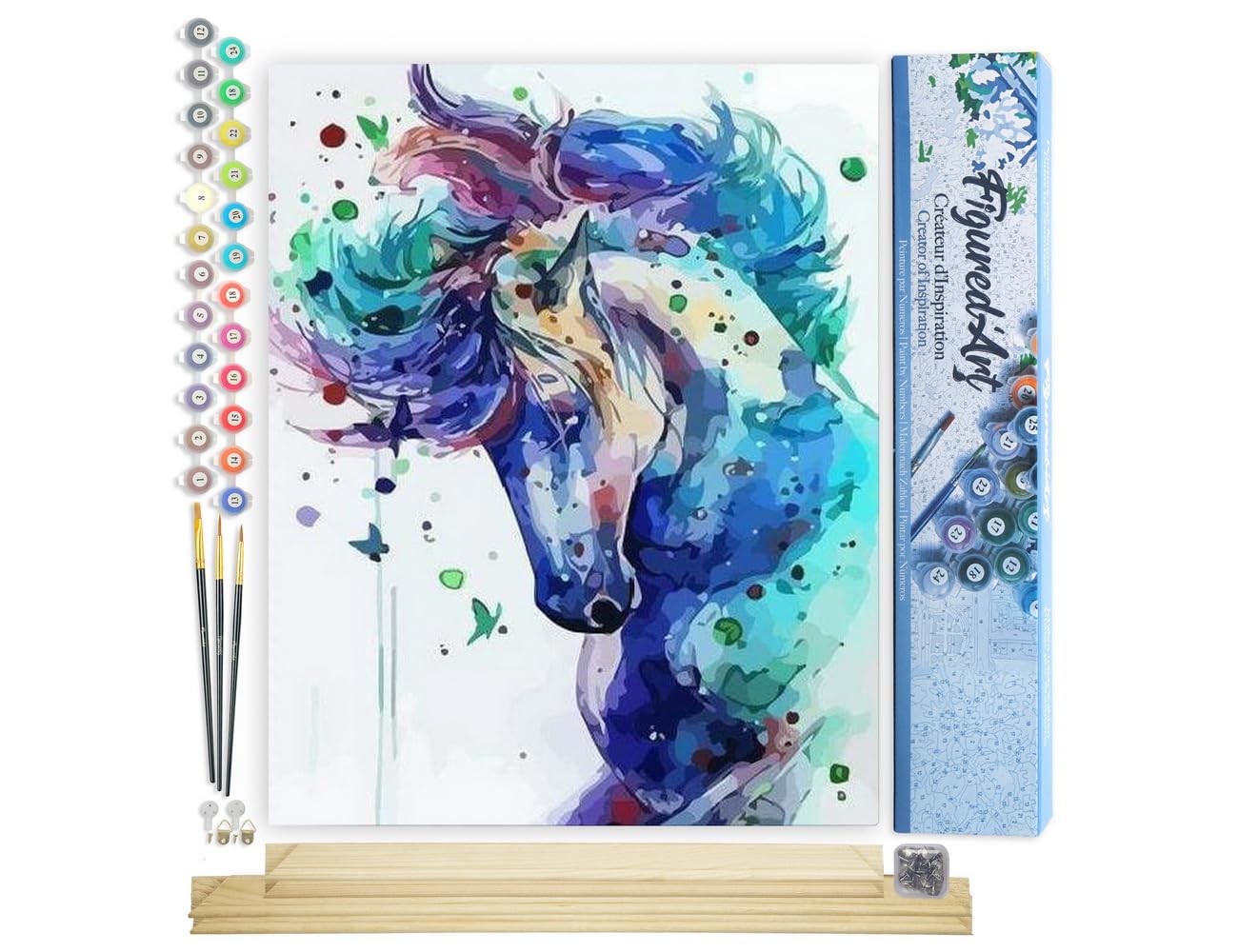 Figured'Art Paint by Numbers for Adults Horse in Blue 40x50cm - Craft Art Painting Rolled Canvas with DIY Wooden Frame