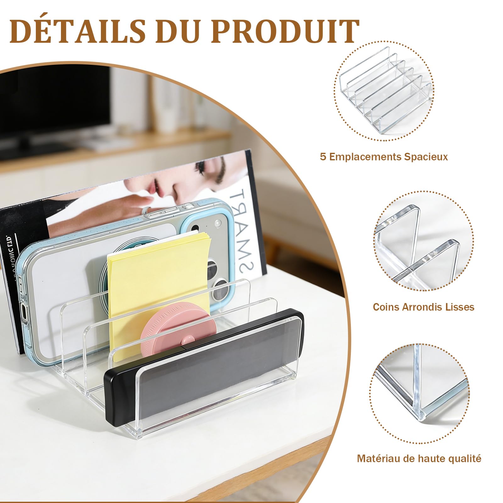 Organisateur de Bureau Acrylique 5 Compartiments Range Document Corbeille à Courrier
