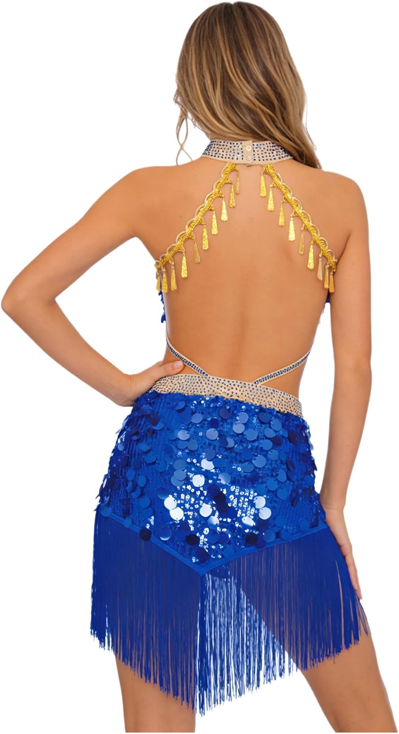 Women's Sparkly Sequin Fringe Latin Samba Tango Dance Leotard Dress Hollow Out Salsa Rumba Bodysuit