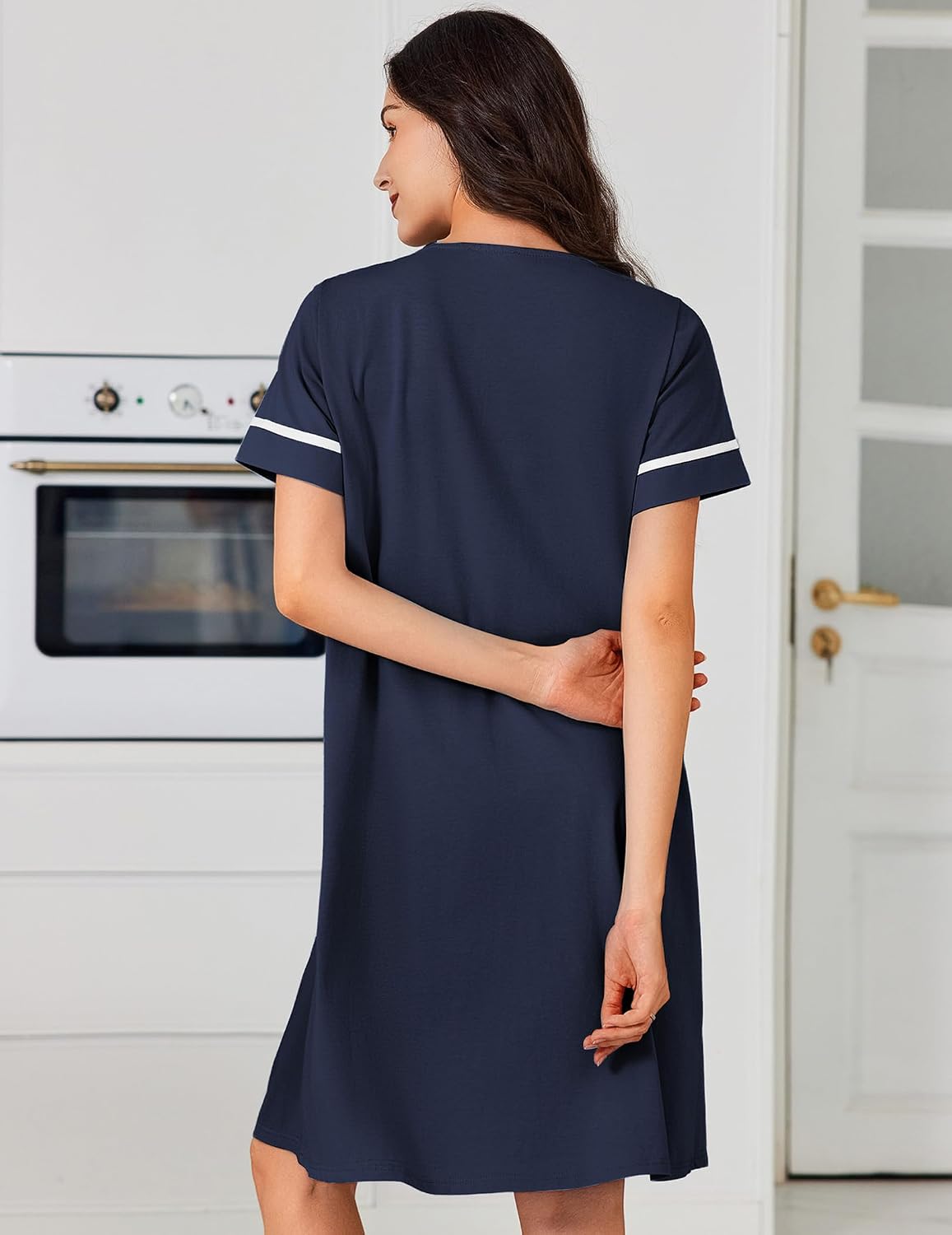 Ekouaer Nightgowns for Women Cotton House Dress with Pockets Button Down Night Gown Short Sleeve Duster Housecoat S-3XL