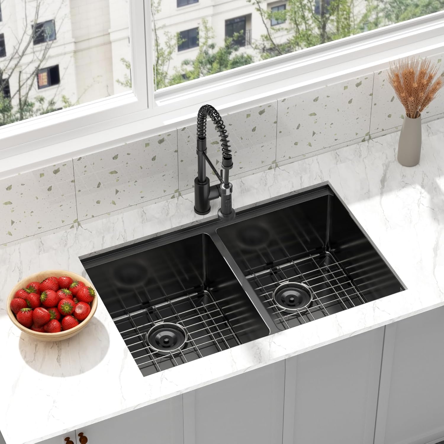 Black Double Bowl Kitchen Sink: Modern Stainless Steel Drop In 8.625” Deep Workstation 50/50 with Accessories, 30x18 for Home Kitchen & Remodel (Black, 3018D)