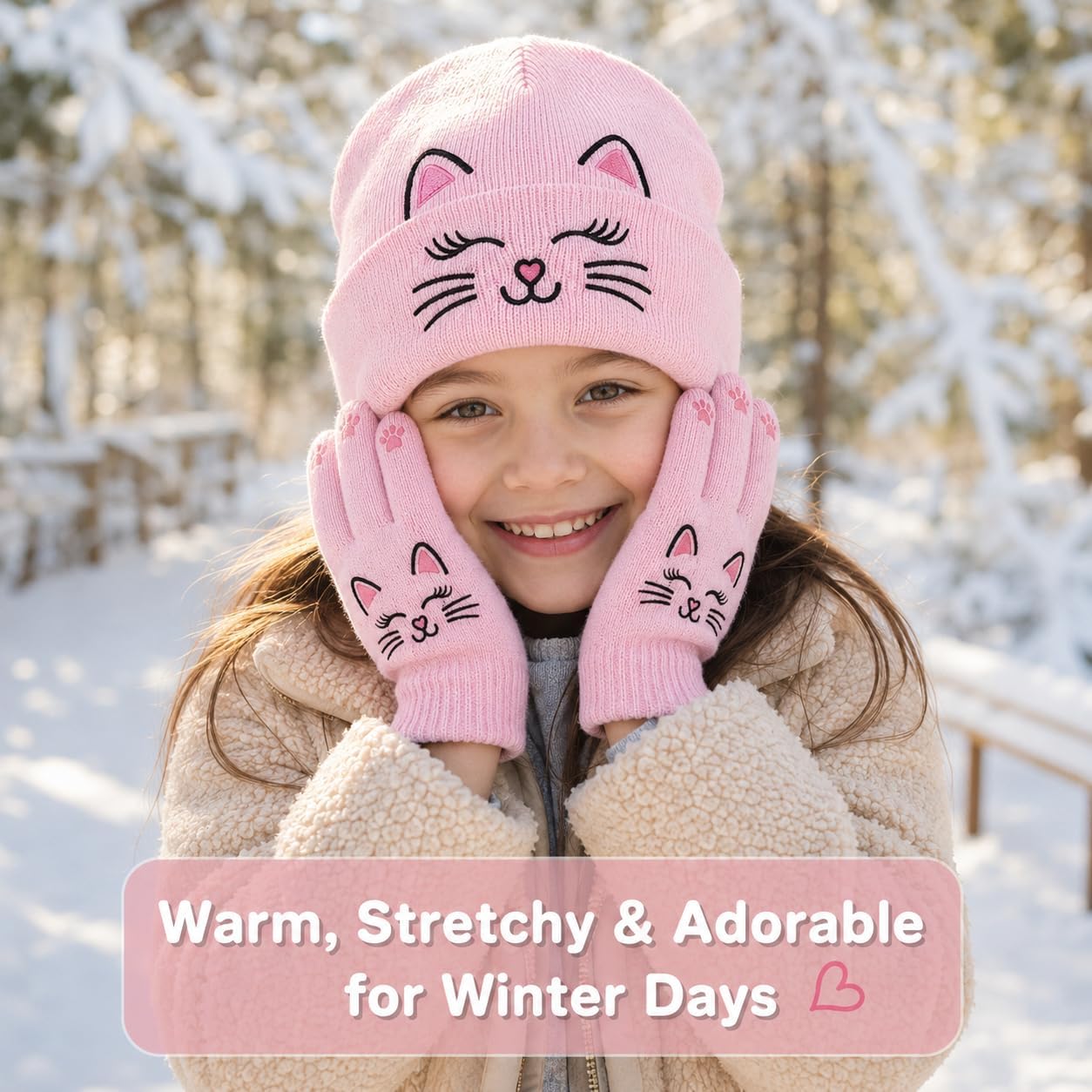 BEARAE Girls Hat and Gloves Set, Cute Cat Kids Winter Beanie Hat Gloves, Knitted Skiing Beanies Hats for Girls Kids 3-12T