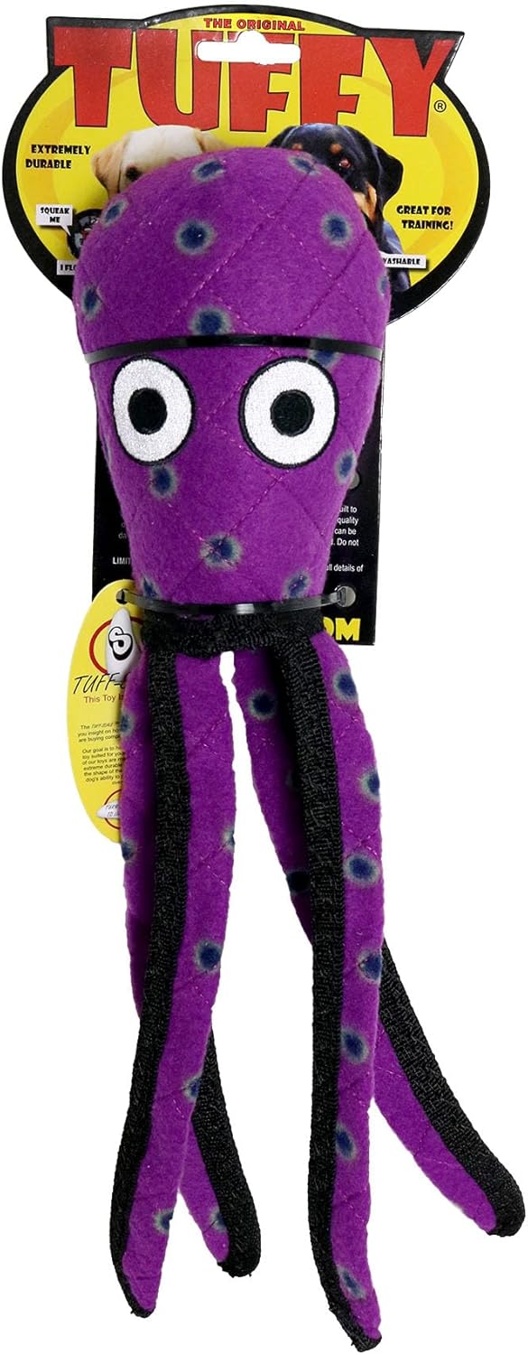 TUFFY - World's Tuffest Soft Dog Toy - Ocean- Squeakers - Multiple Layers. Made Durable, Strong & Tough. Interactive Play (Tug, Toss & Fetch). Machine Washable & Floats. (Squid Purple, Large 2 Pack)