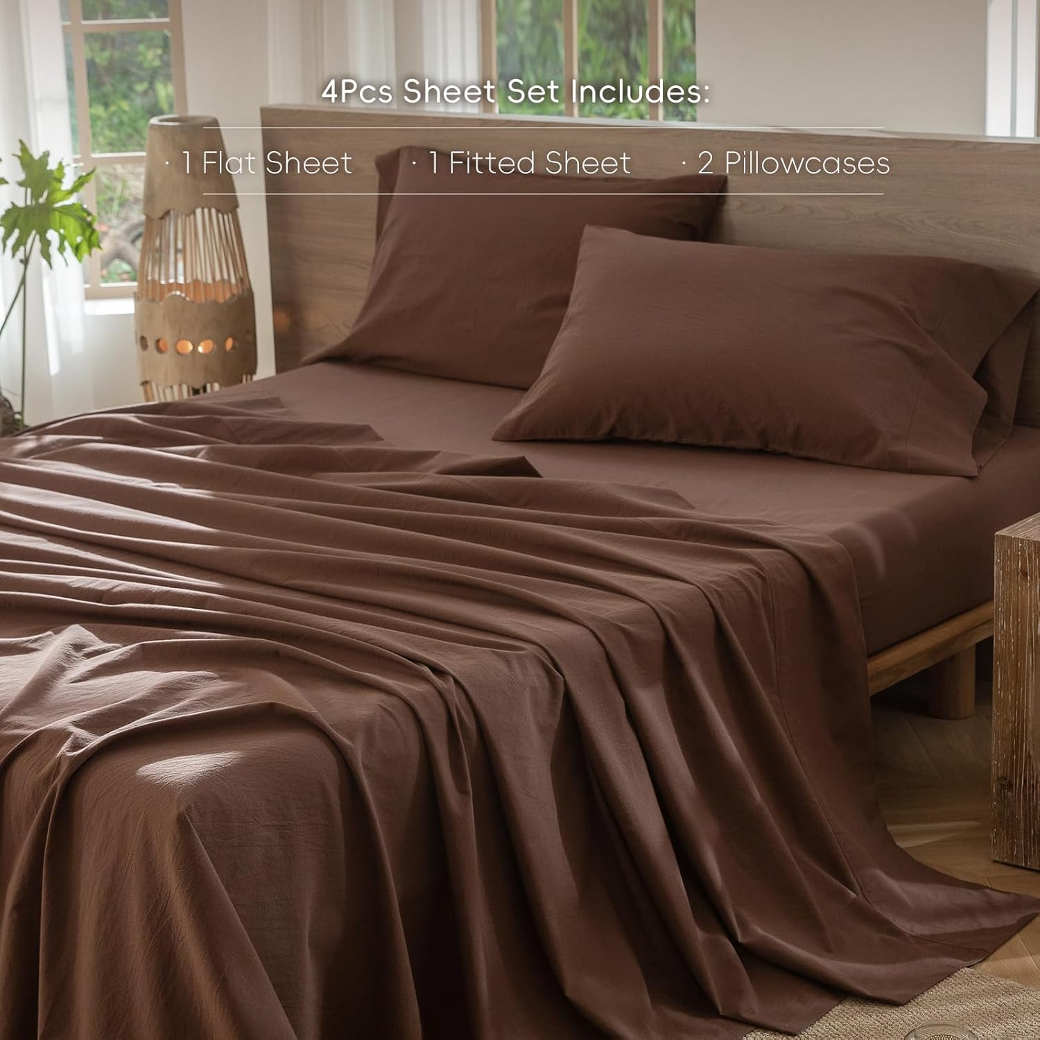 MooMee Bedding Sheet Set 100% Cotton Linen Like Textured Breathable Durable Soft Comfy (Solid Cocoa Brown, Queen) - Image 2