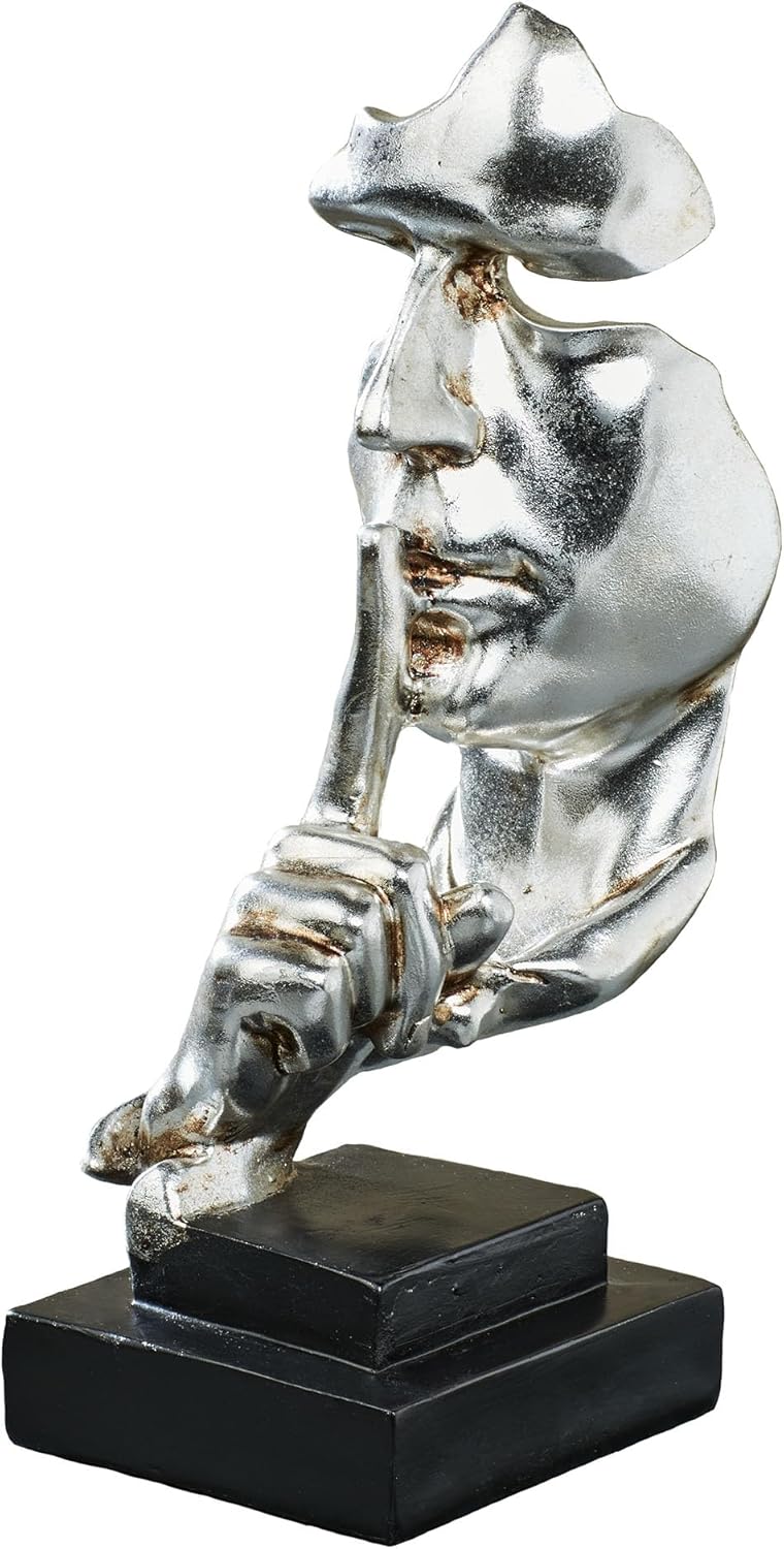 Keeping Secrets Abstract Table Sculpture | Metallic Antique Silver and Black Finish | Abstract Face Bust Statue Making a Hushing, Be Quiet Gesture with One Raised Finger | Modern Tabletop Sculpture