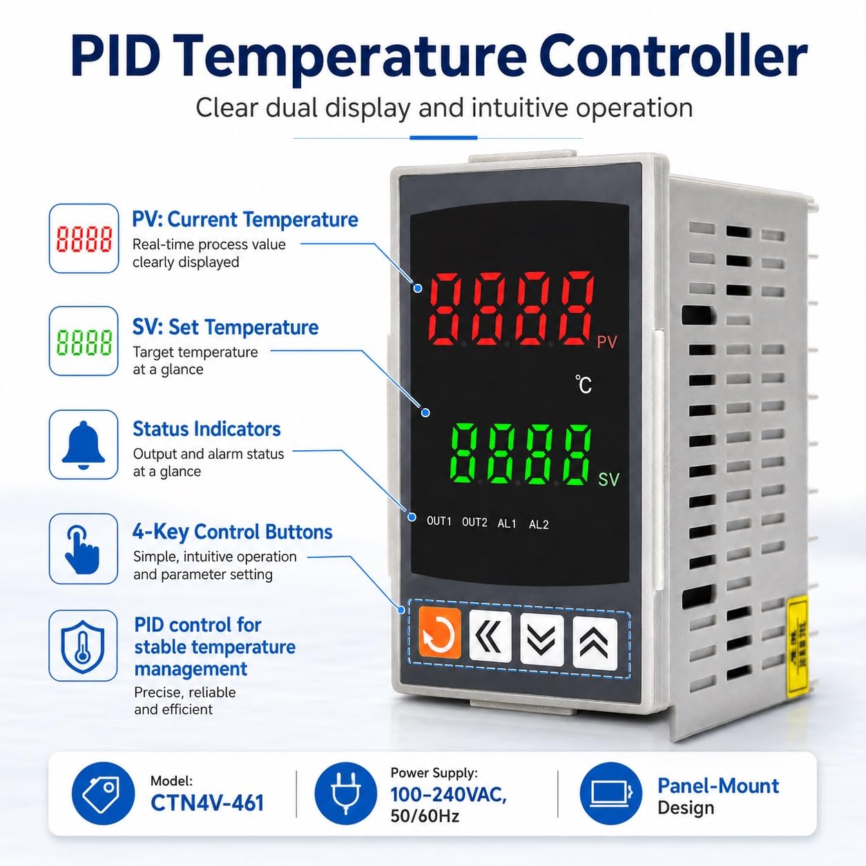 Controlador de Temperatura Digital PID CTN4V-461 Salida Dual Relé/SSR Panel 48x96mm Termostato Inteligente Industrial 100-240V Entrada Universal Termopar PT100(CTN4L-43A1R 4-20ma RS485)