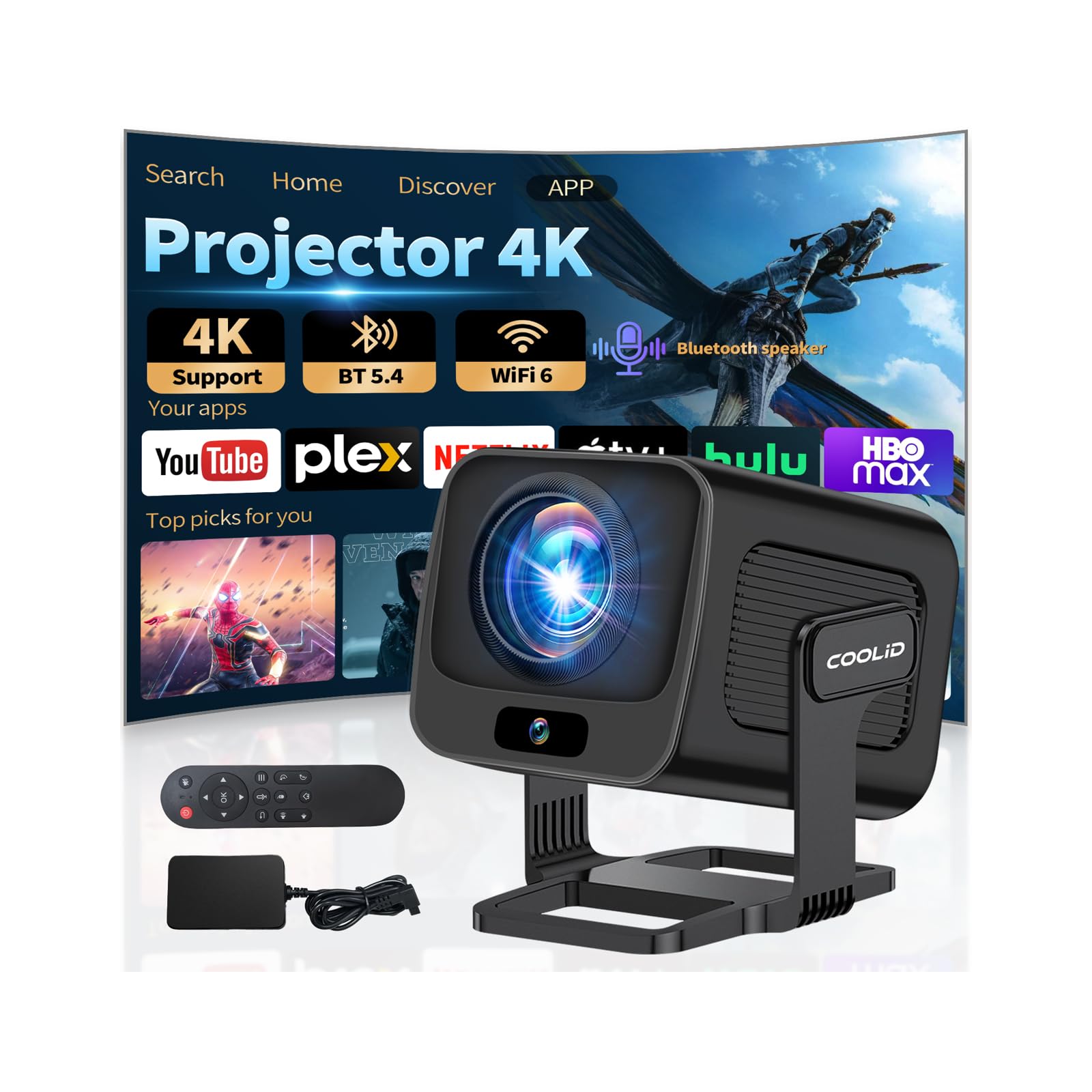 [Built-in App] Mini Projector 1080P FHD 4K Support Projector with Mouse Portable Projector with WiFi and Bluetooth 180° Adjustable Auto Keystone Smart Projector 4K-Black