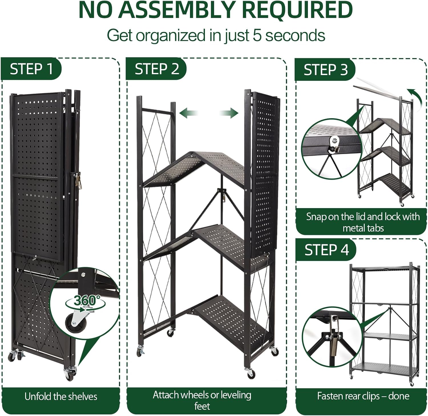 4-Tier Foldable Storage Shelf with Wheels – Heavy Duty 550 LBS Capacity, Collapsible Metal Steel Rolling Rack for Garage, Kitchen, Pantry, Office – Black