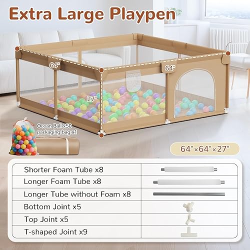 Miniatura 5 de Corralito grande para bebés de 64 x 64 pulgadas, corralito para bebés y niños pequeños con 50 bolas oceánicas, área de juego de valla de seguridad