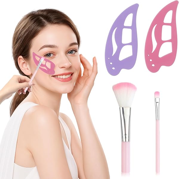 Set 4 Stencil Eyeliner e Ombretto in Silicone Morbido, Strumento Ausiliario Riutilizzabile per Trucco Occhi, Guida per Linee Precise con Pennelli Inclusi, Ideale per Principianti - 1