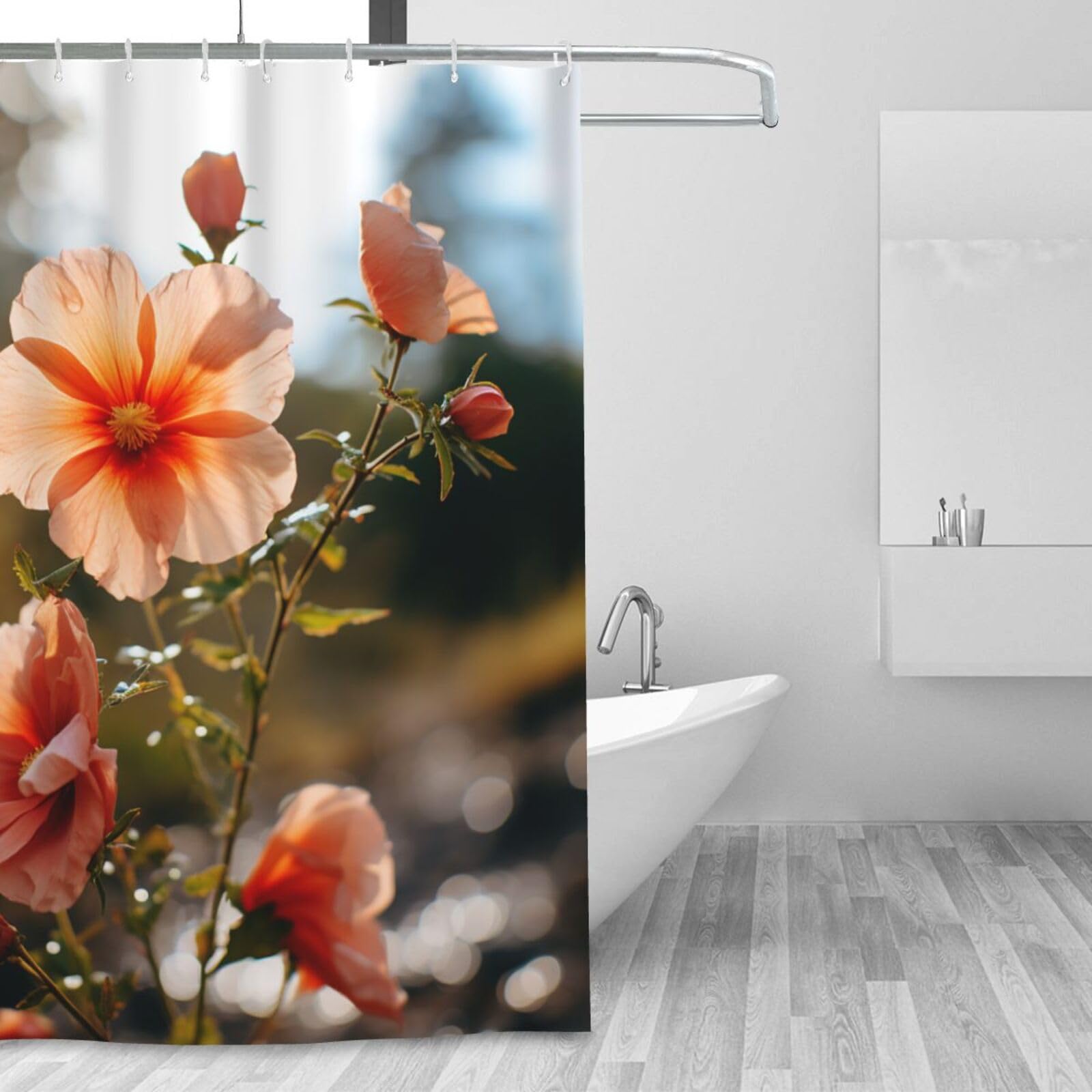 Rideau de douche imperméable et lavable motif floral orange | 183x183 cm