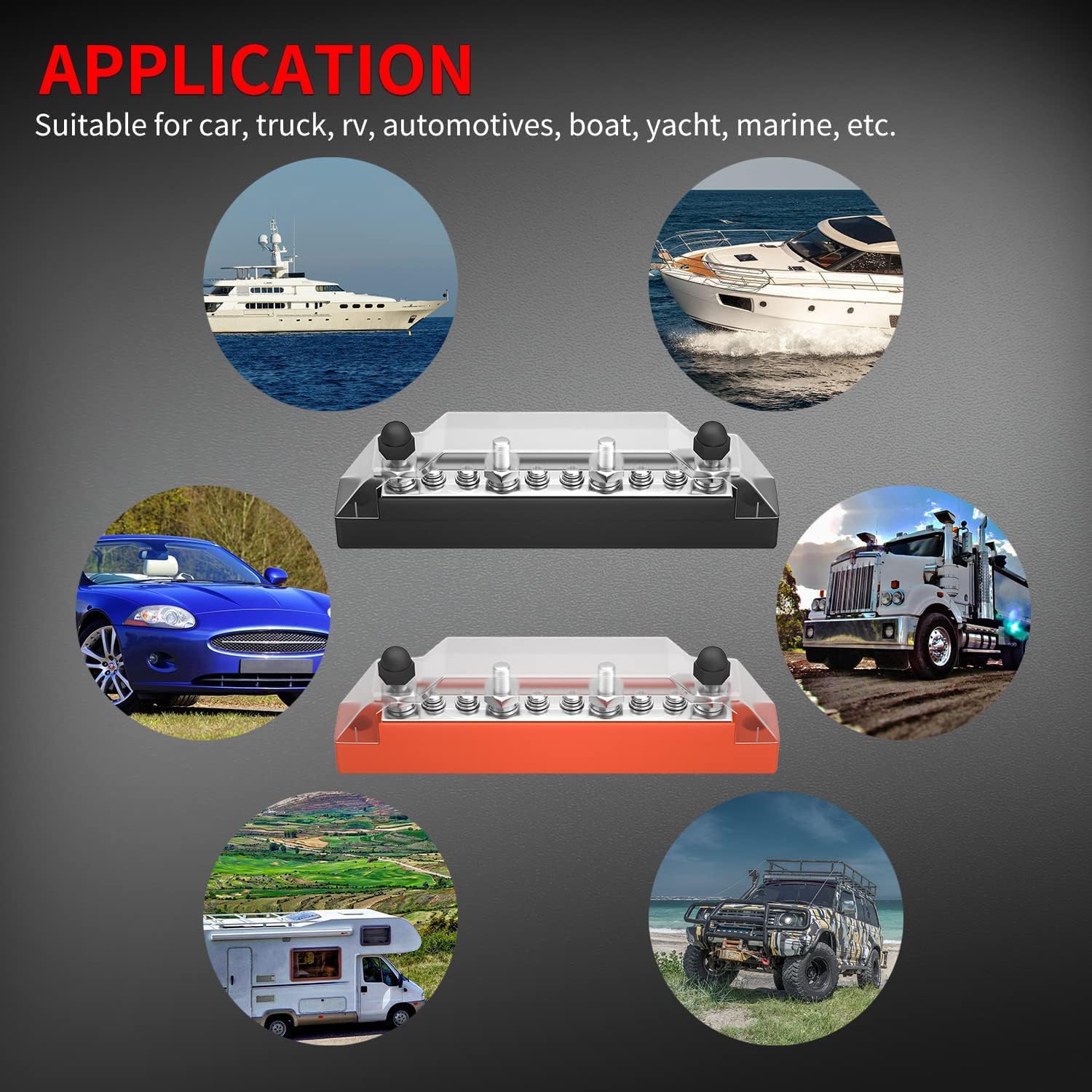 Greluma 1 Paio Blocco di distribuzione dell'alimentazione a 10 vie, 4 prigionieri terminali M6, 6 viti terminali M4 Barra bus batteria per auto Marine Boat