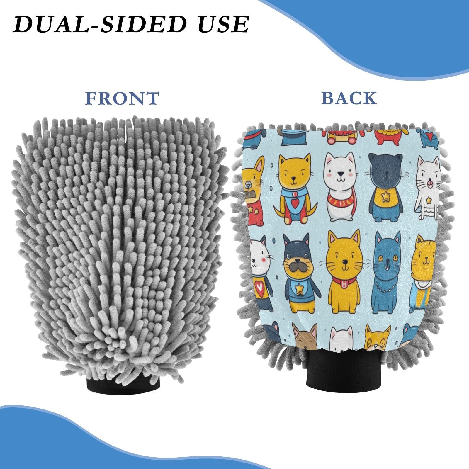ALAZA Cartoon Cat Kitten Car Wash Mitt Scratch Free, 2 Pack Absorbent Microfiber/Chenille Washing & Drying Mitts, L