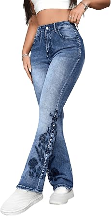 Women Bell Bottom Jeans High Waisted Flare with Floral Embroidery 90s Vintage Denim Pants