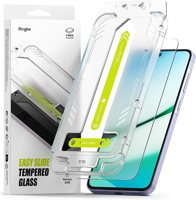 Ringke Protector de pantalla para Samsung Galaxy A36 5G [Easy Slide, paquete de 2] | Fácil instalación con herramienta de alineación, vidrio templado de dureza 9H premium compatible con carcasas.