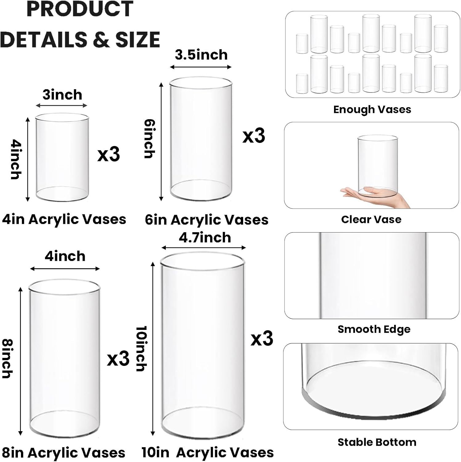 12 Pack Plastic Cylinder Vases, 4 6 8 10 Inch Tall Acrylic Cylinder Clear Flower Vase Set Bulk Glass Like Large Round Plastic Vases for Centerpiece Wedding Home Office (12) - Image 2