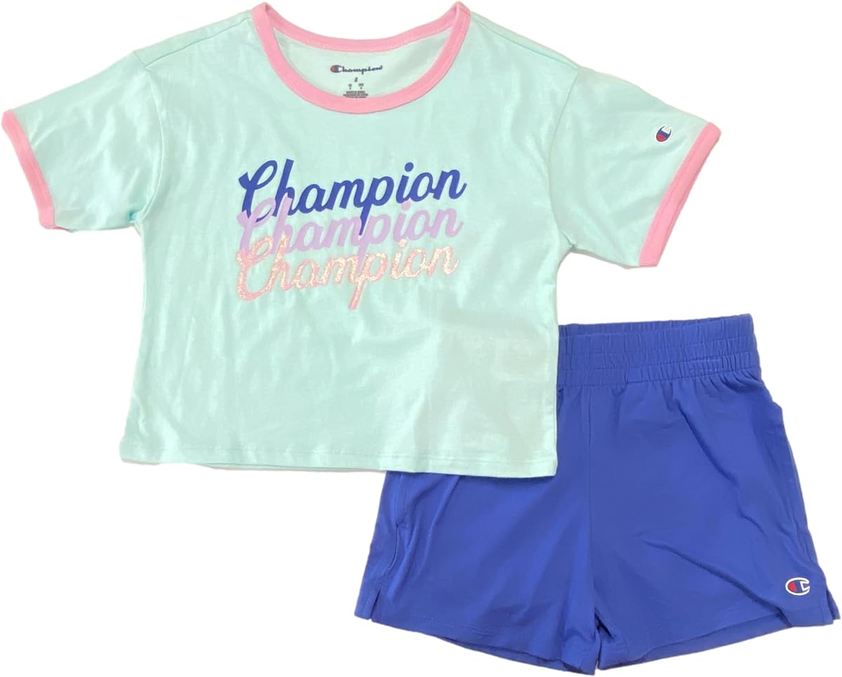 Champion Conjunto de 2 piezas para niñas, camiseta azul claro y rosa, conjunto de camiseta y pantalones cortos