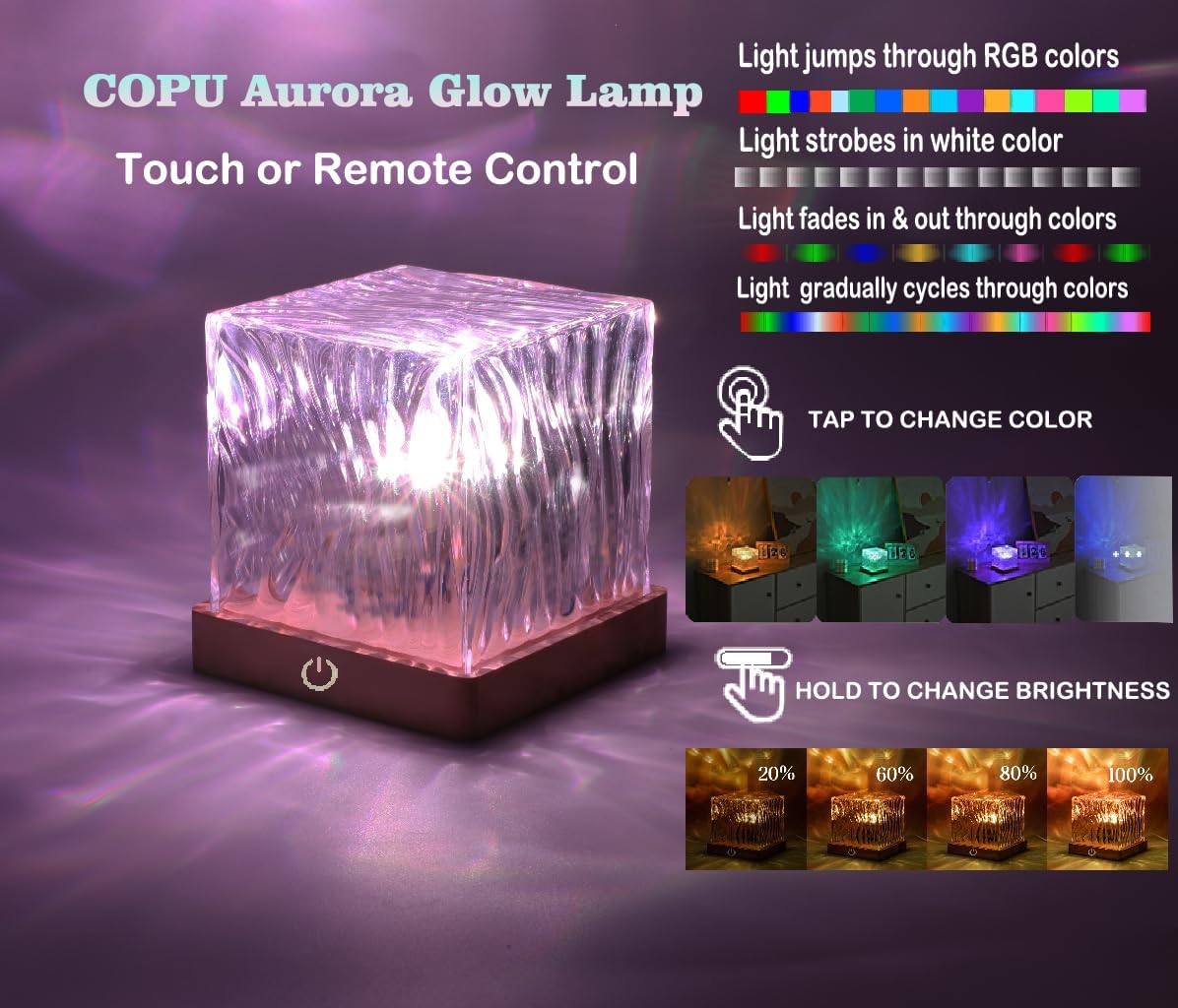 Ocean Wave Projector Cube Light, Luminorthe Cube Lamp, Corded Ocean Lamp, Northern Lights Projector Lights with 16 Colors and Dynamic Ripple Effect for Living Room Bedroom Decor