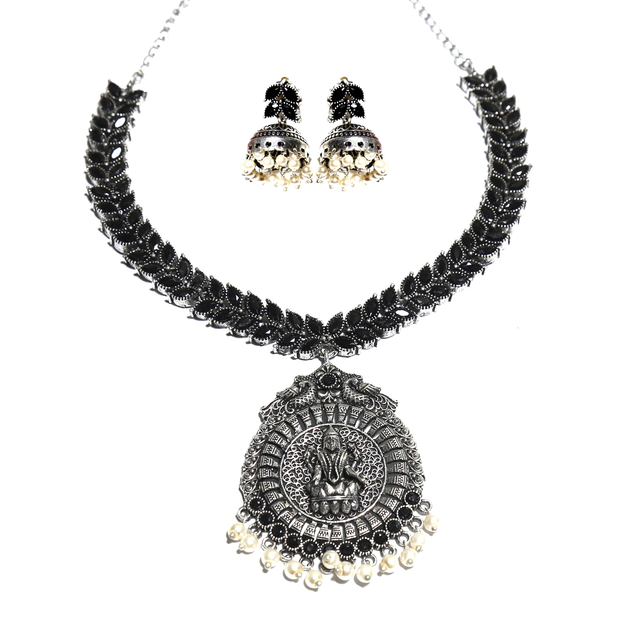 Oxidised Silver-Plated Black stone necklace set with Goddess Lakshmi Pendant For women and girls (BLACK) (B0DGFYZ7YQ) Amazon Price History, Amazon Price Tracker