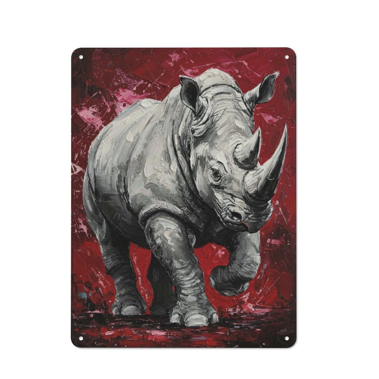 Junmoney Rhino Painting On Red Background Metal Sign 40X30cm With For Hallway Wall, Retro Decor, Autumn Home Decor For Collectors Of Metal Signs