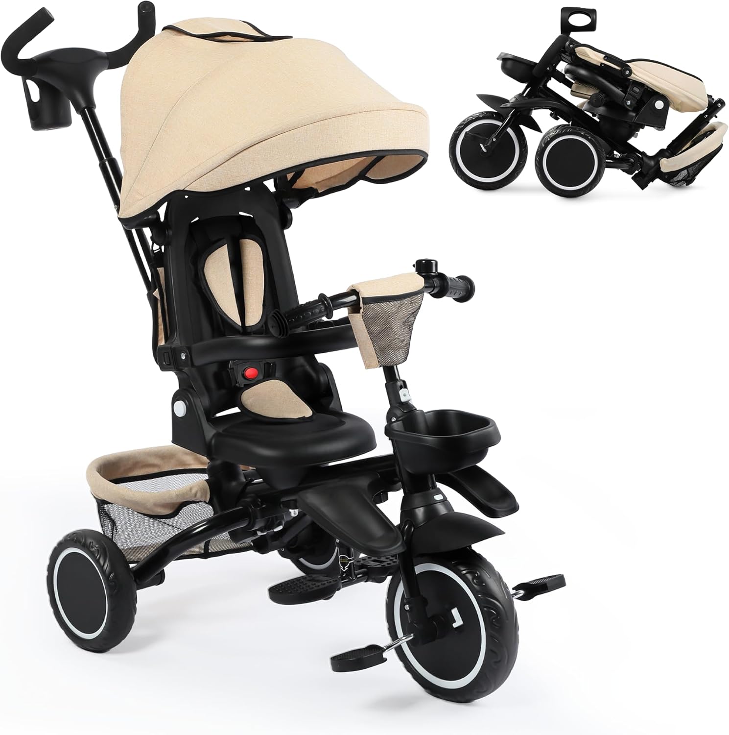 Folding Kids Tricycle, 8 in 1 Baby Trike W/Removable & Adjustable Canopy, Parent Handle, 5-Piont Safety Harness, Toddler Bike Stroller for Kids 1-6 Years, EVA Wheels, Storage Basket, Khaki - Image 1 of 7
