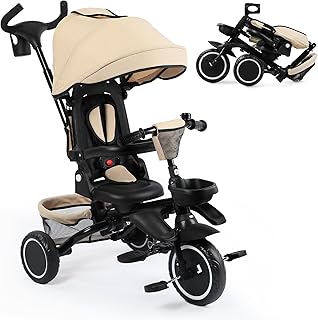 Folding Kids Tricycle, 8 in 1 Baby Trike W/Removable & Adjustable Canopy, Parent Handle, 5-Piont Safety Harness, Toddler Bike Stroller for Kids 1-6 Years, EVA Wheels, Storage Basket, Khaki