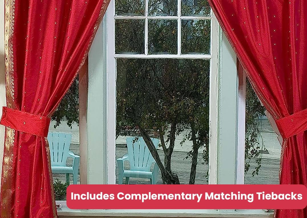 Handcrafted Fire Brick Indian Sari Curtains, Tiebacks Included Lined Tie Top Sari Sheer Curtains, 43" W x 24" L, Privacy & Insulation for Living Rooms, Bedrooms, and Dining Rooms, Sold in Pairs