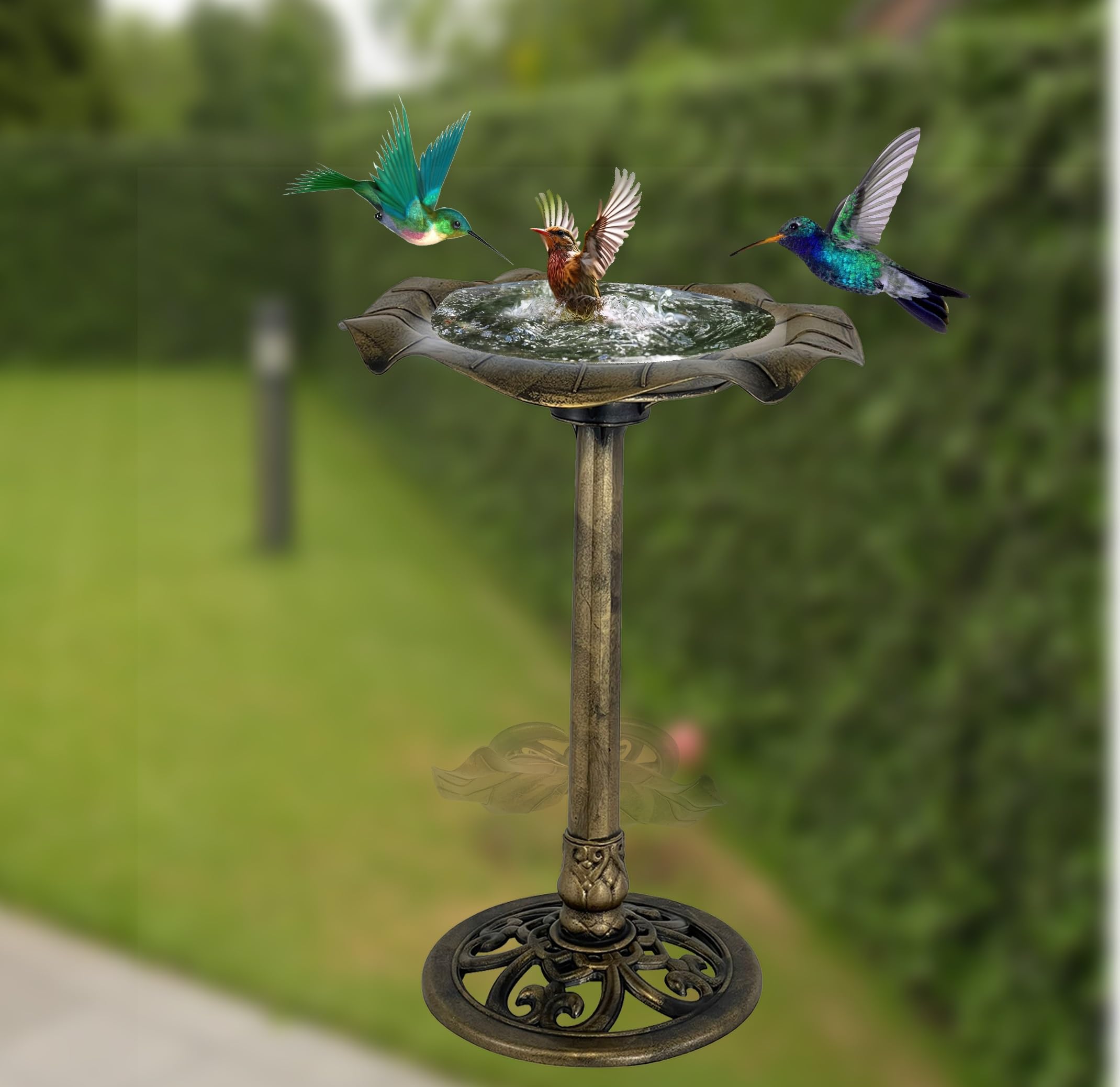AQS INTERNATIONAL Bird Bath Plastic Table Station With Base Traditional Outdoor Garden Water Bowl Pedestal Ornament Decor Weather Resistant (Bronze Effect Leaf Bird Bath)