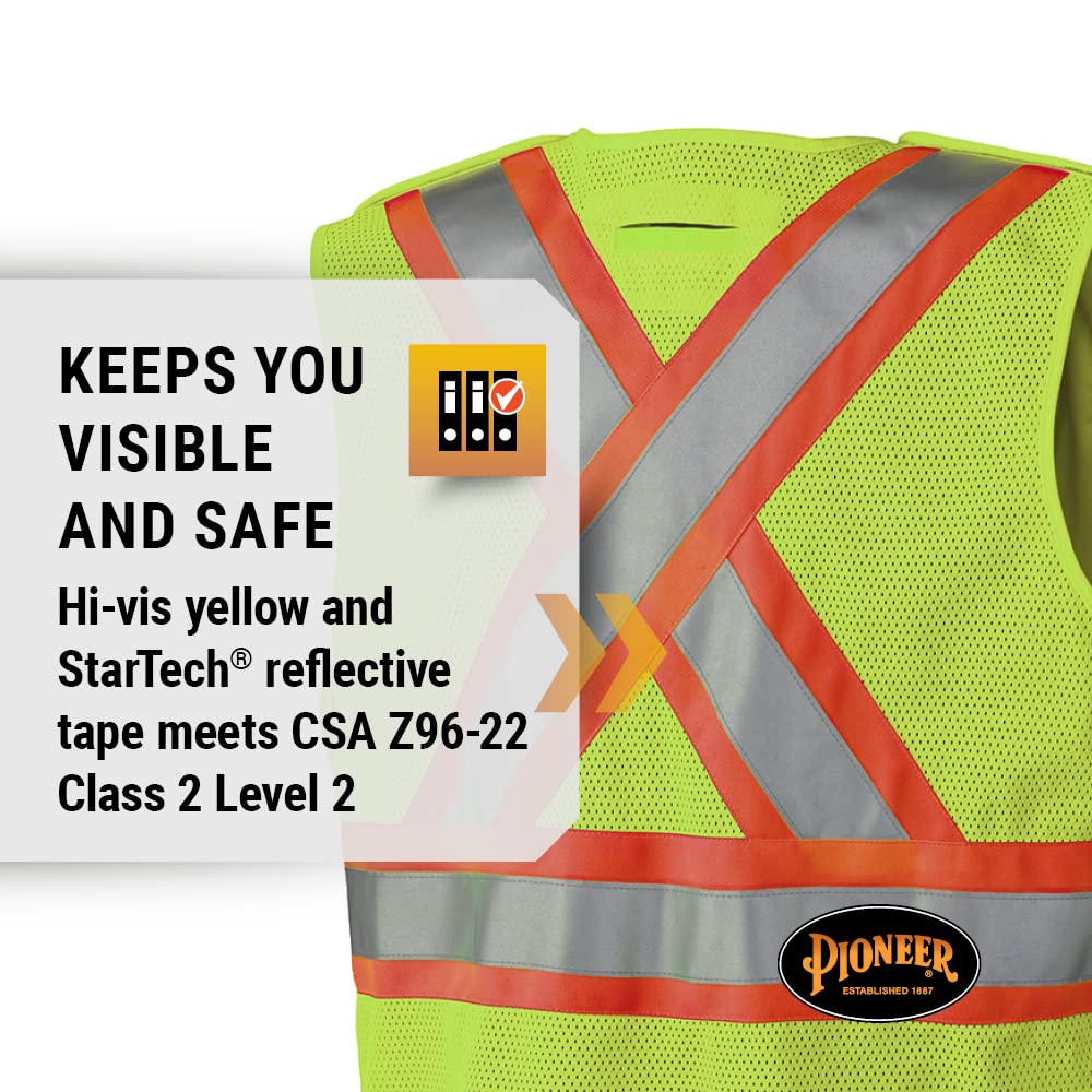 Pioneer Hi Vis Tear-Away Mesh Back Safety Vest for Me - Reflective Tape, 4 Pockets - Construction, Traffic, Security - Yellow