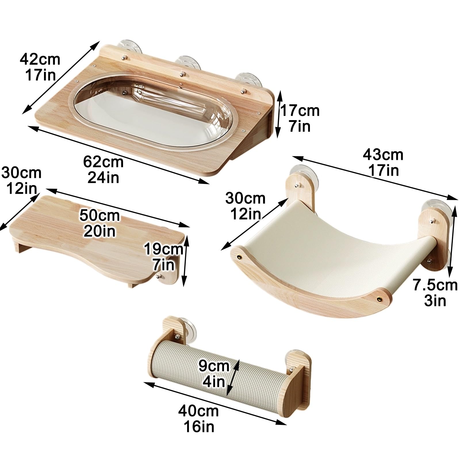 Kletterwand Katzen, 4-in-1-katzenkletterwand, Katzen Kletterwand Set Hölzernes Katzenwandmöbel mit Großem Saugnapf für Kätzchen, Mittelgroße und Große Katzen