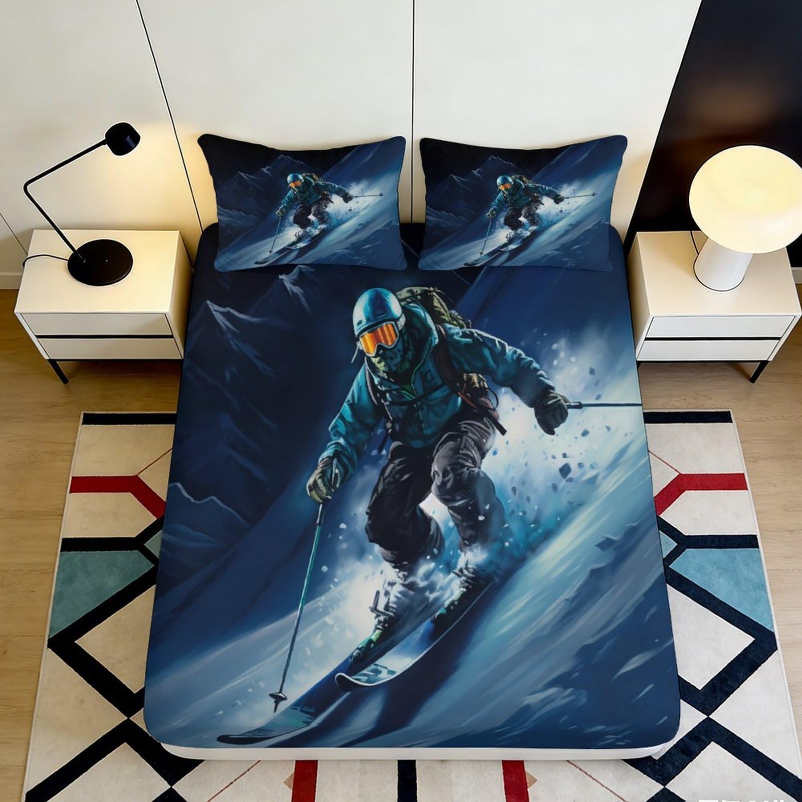 Uxinyoume Style-3 3D Printed Skiing Snow Mountain Fitted Sheet Microfiber Soft Anti-Slip Mattress Cover For Bedroom Dorm Decor 90X200x25cm